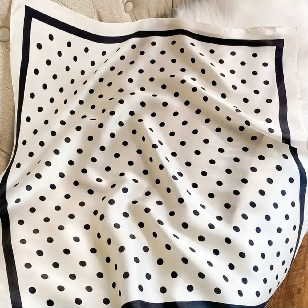 Black & Ivory Polka Dot Satin Square Scarf | Neck Scarf, Hair Tie, Bag Accent - Picture 3 of 6